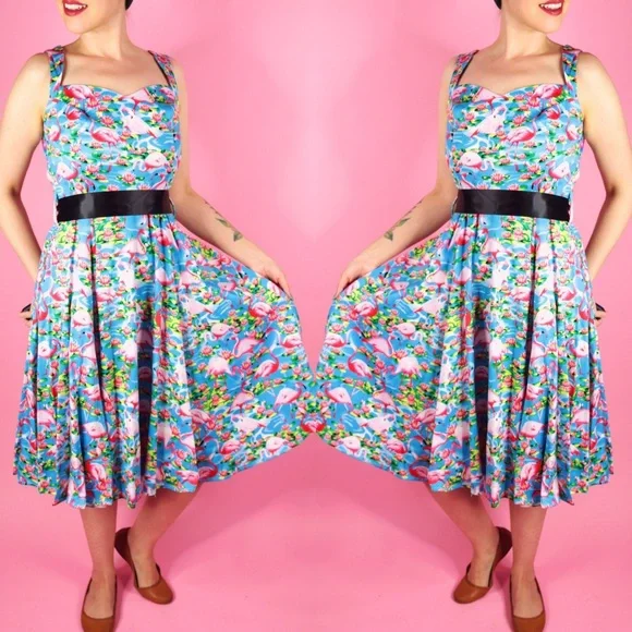 Flamingo Blue Pink Tropical Print Vintage Style Fit and Flare Dress Size 6 - Picture 2 of 10